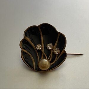 Vintage Brass and Black Enamel Brooch.